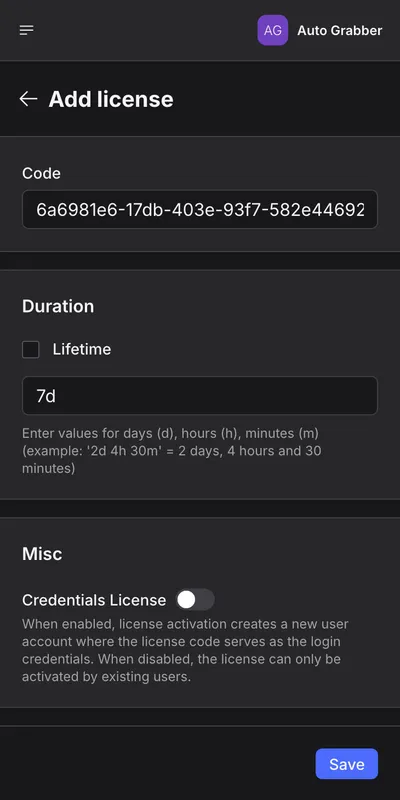 License key creation form in license management software