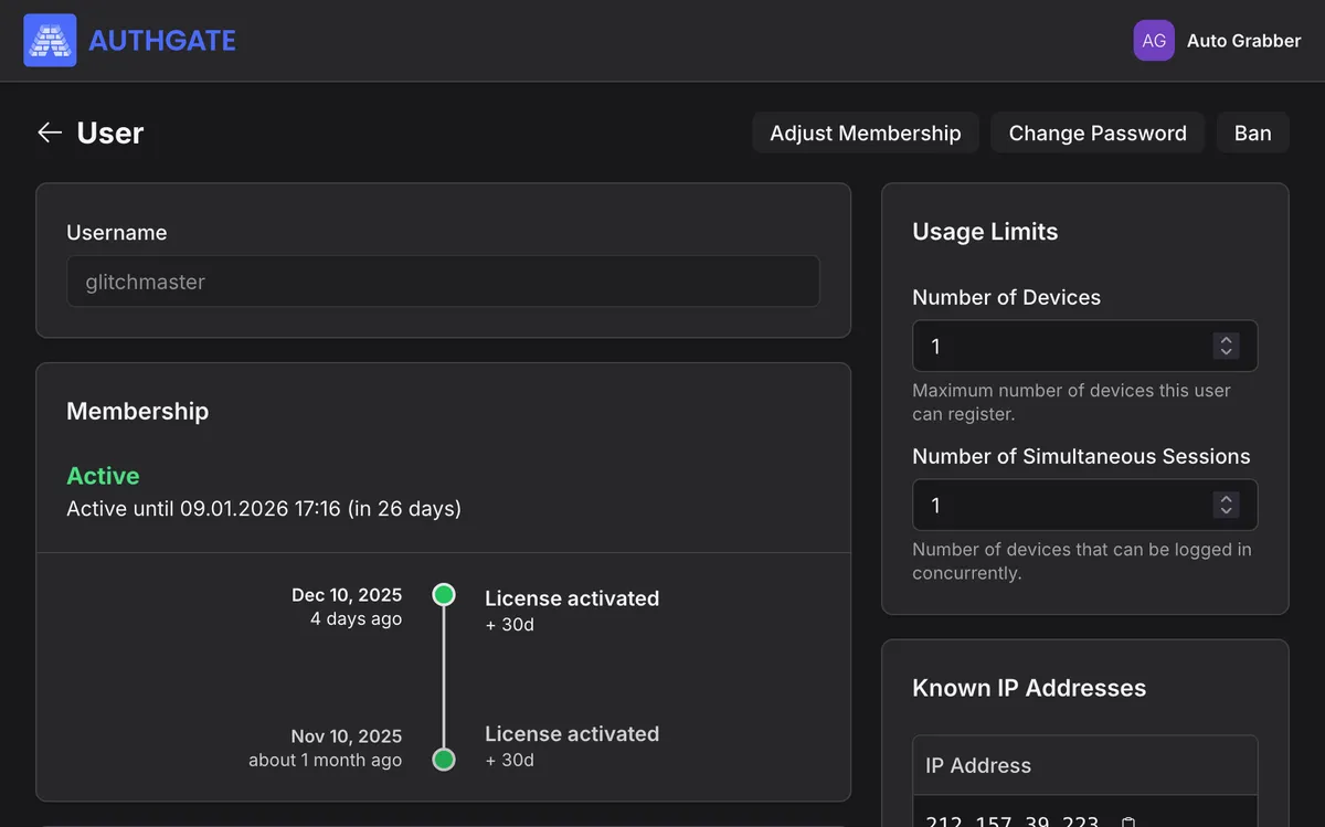 User account details view in desktop app authentication dashboard